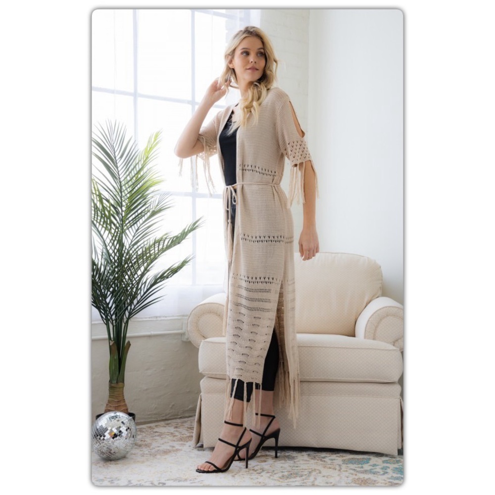 Long Fringe Duster Kimono in Natural - Picture 2 of 7